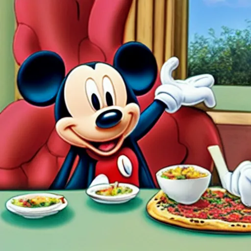 Image similar to Mickey Mouse having tea and pizza.