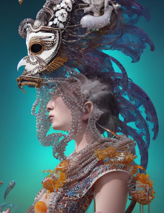 Image similar to 3 d goddess in robe close - up profile portrait with ram skull. beautiful intricately detailed japanese crow kitsune mask and clasical japanese kimono. betta fish, jellyfish phoenix, bio luminescent, plasma, ice, water, wind, creature, artwork by tooth wu and wlop and beeple and greg rutkowski