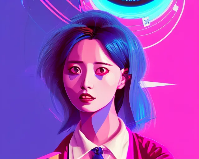 Image similar to beautiful portrait of momo from twice as a sci fi woman, with chaotic vaporwave aesthetic, concept art by james gilleard, wlop, artstation, cgsociety, synchromism, 8 0 s animation flat cell shaded. with thick black pencil lines - h 7 6 8