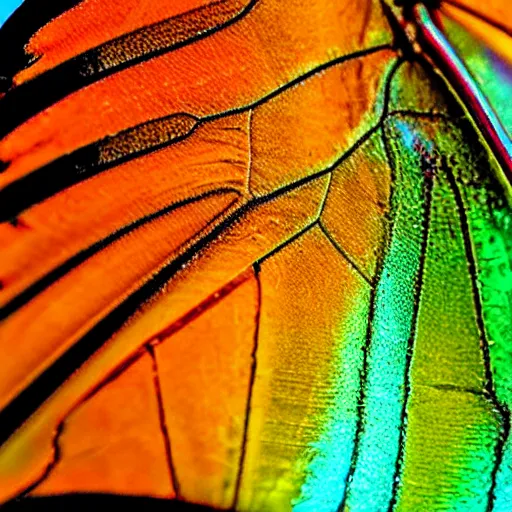 Prompt: an ultra zoomed in image of a butterfly's wing. iridescent. hyper realistic. vibrant. macro. translucent. macro. super detailed. photorealistic.