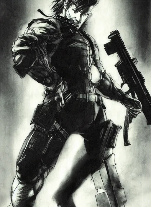 Image similar to solid snake by yoshitaka amano, final fantasy metal gear cover art, concept art, dark hair, sneaking suit