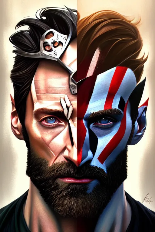 Image similar to symmetry!! portrait of hugh jackman in the boys in the style of god of war, machine parts embedded into face, intricate, elegant, highly detailed, digital painting, artstation, concept art, smooth, sharp focus, illustration, art by artgerm and greg rutkowski and alphonse mucha, 8 k