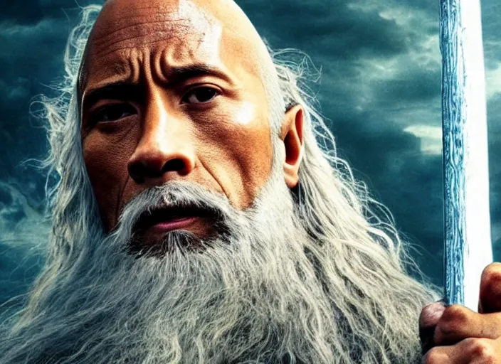 Image similar to film still of dwayne the rock johnson as gandalf in the new lord of the rings movie, 4 k, highly detailed face, detailed eyes