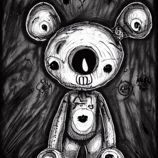 Prompt: dark art cartoon grunge drawing of a teddy bear with bloody eyes by tim burton - loony toons style, horror theme, detailed, elegant, intricate