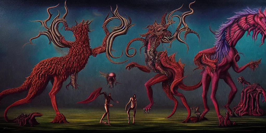 Prompt: mythical creatures and monsters in the imaginal realm of the collective unconscious, in a dark surreal painting by ronny khalil