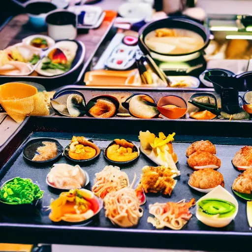 Image similar to very appetizing Japanese street food, food photography, street lights, 8k UHD