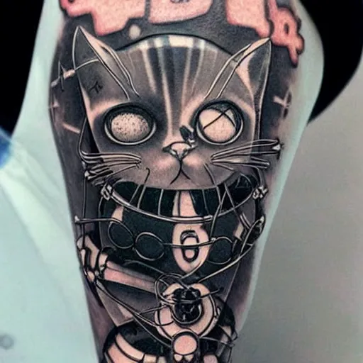 Image similar to Anime manga robot!! cat tattoo, cyborg cat, exposed wires and gears, fully robotic!! cat, manga!! in the style of Junji Ito and Naoko Takeuchi, cute chibi cat, tattoo on upper arm, arm tattoo