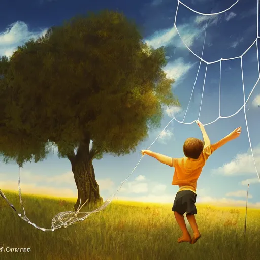 Prompt: extreme wide shot of a summer landscape, with a boy holding on to a string that connects to a web that envelopes the sun. Digital art