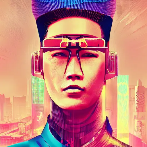 Image similar to cyberpunk kim jong ill as the leader of a futuristic communist nation, cybernetics, sharp lines, digital, artstation, colored in