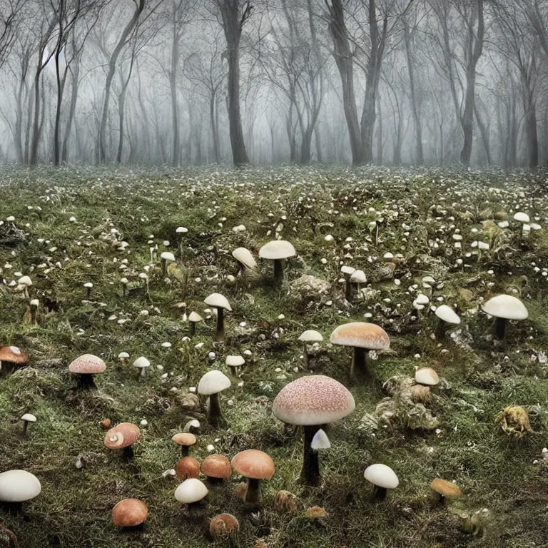 Image similar to a planet of various fungus, mushrooms and plants, inside the picture is infinity, Atmospheric phenomenon, artistic photography, muted colors, conceptual, long exposure outside the city, volumetric light