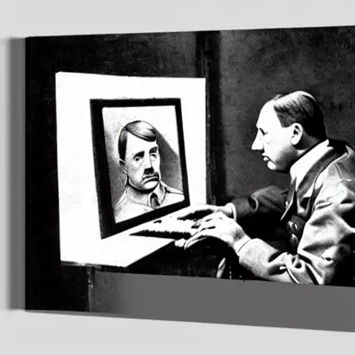 Image similar to hitler using a computer, realistic, detailed by da vinci