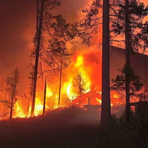 Image similar to a beautiful photo of a small hotel engulfed in a forest fire