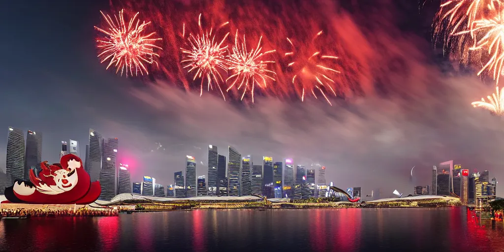 Image similar to Singapore city, Singapore Esplanade, Singapore Marina Bay, with a lion-shaped cloud in the sky and fireworks in the sky, by greg rutkowski, red and white lighting, digital art, ultra realistic, ultra detailed, photorealistic, 4k, character concept