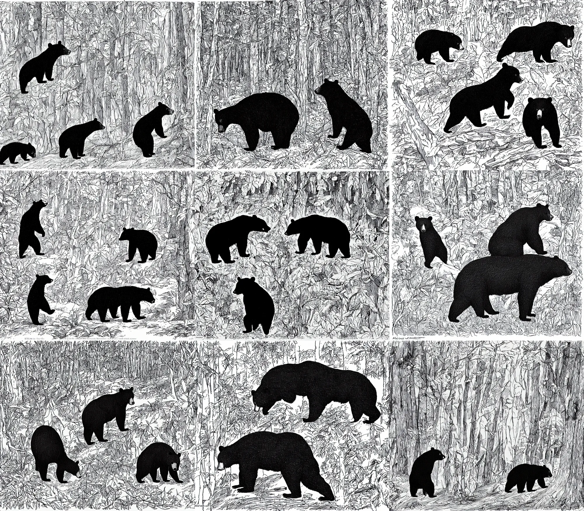Prompt: one individual black bear in the forest, by Audubon, cartoon, black and white, line art, pen & ink drawing, character concept