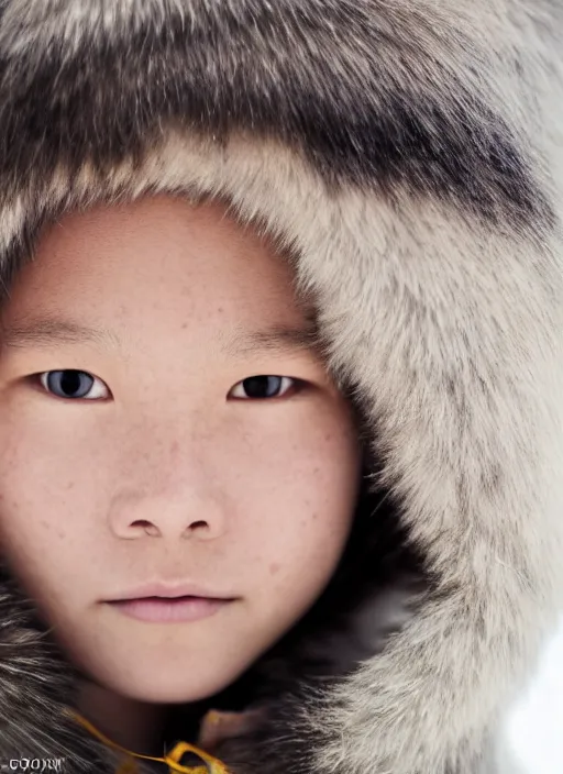 Prompt: closeup portrait of an eskimo girl, depth of field, zeiss lens, detailed, symmetrical, centered, fashion photoshoot, by Annie Leibovitz and Steve McCurry, David Lazar, Jimmy Nelsson, Breathtaking, 8k resolution, extremely detailed, beautiful, establishing shot, artistic, hyperrealistic, beautiful face, octane render