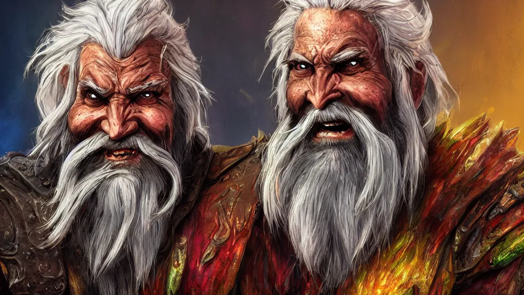 Image similar to bright, colorful, realistic, detailed from Elder Scrolls: Shivering isles concept art of The Mad God Sheogorath with a madsmile, Caucasian skin, combed white beard and combed white hair backlighting, kodachrome, high contrast, highly detailed, sharp focus, digital painting, concept art, illustration, trending on artstation, comic book by Alex Ross and Adam Adamowicz cover art