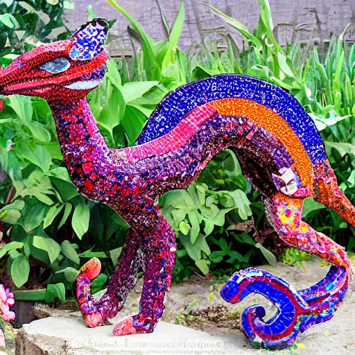 Image similar to mosaic sculpture of a alebrije chimera!!!, irregularly shaped large mosaic tiles, recycled pottery shards, in the style of folk art, in a cottagecore flower garden