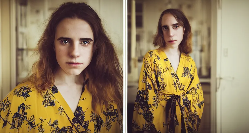 Prompt: Medium format portrait photography of a elegant young woman that look like Brit Marling wearing a yellow kimono in Palmehuset Copenhagen, Denmark, bokeh