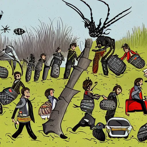 Prompt: highly detailed illustration of a beetle and the beatles battling on the battleground