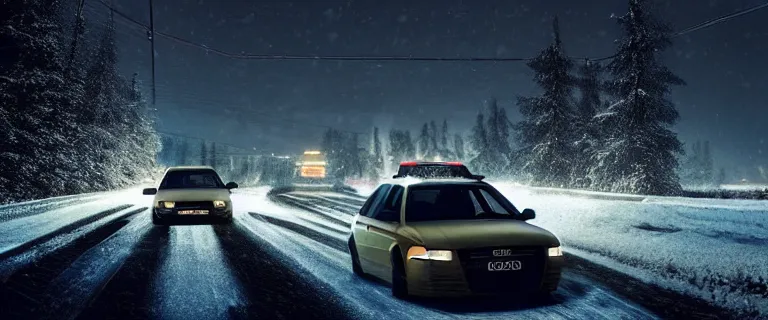 Image similar to Audi A4 B6 Avant (2002), a gritty neo-noir, dramatic bright lighting, cinematic, establishing shot, extremely high detail, photorealistic, cinematic lighting, artstation, by simon stalenhag, Snowy italian road, Snowy Alps, serious car crash, At night, Poets of the Fall - Late Goodbye