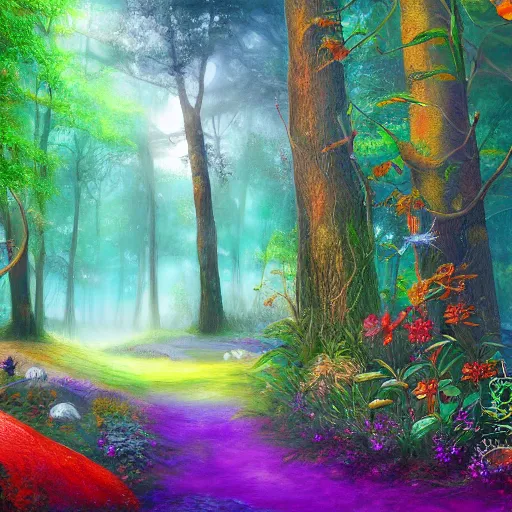 Prompt: A beautiful painting of a peaceful fantasy forest, vibrant colours, digital art, lots of detail, 4k, ultra HD