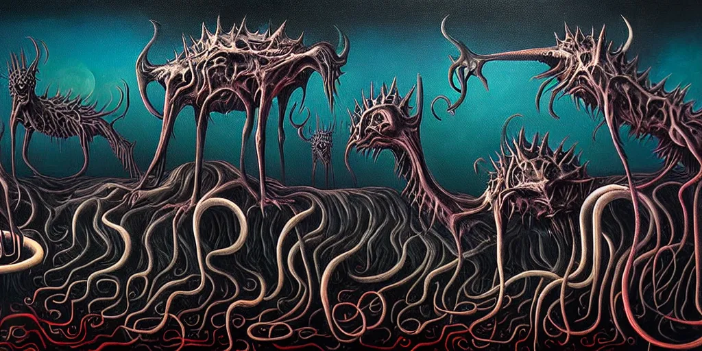 Image similar to creatures lurking in the collective unconscious, in a dark surreal painting by ronny khalil