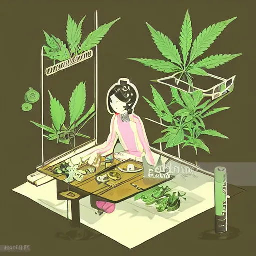 Image similar to neat composition cannabis leaf in pot cafe detailed cute characters, isometric fun style ink watercolor illustration, by ren hang, australian style video game still