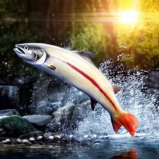 Image similar to movie still of a salmon jumping from a river, splash art, photorealistic features, cinematic lighting, dramatic, octane render, long lens, shallow depth of field, bokeh, anamorphic lens flare, hyper detailed, 3 5 mm film grain