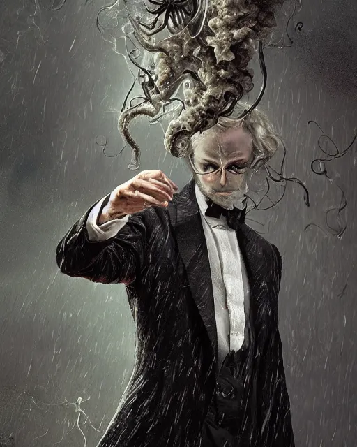 Image similar to a highly detailed portrait of devious male magician radiating a powerful energy aura, back tuxedo, wispy tendrils of smoke, intricate, digital painting, old english, raining, sepia, particles floating, whimsical background by marc simonetti, artwork by ramond swanland and liam wong