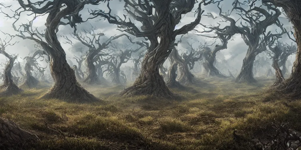 Image similar to swaths of leaned or keeled over windswept trees, no visible soil, high quality fantasy art, 4k