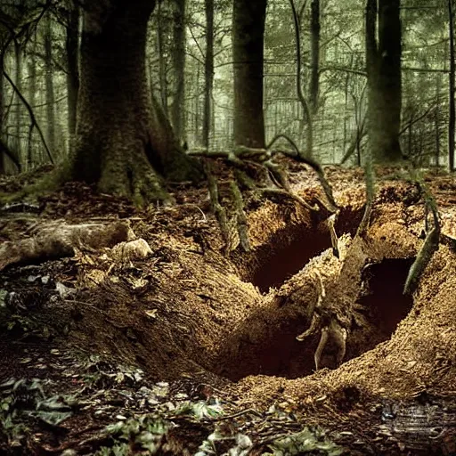 Image similar to woodland photograph of faceless demons crawling out of a hole in reality