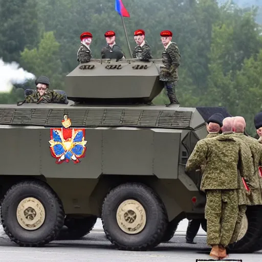 Prompt: russian soldiers in full uniform ride on an armored personnel carrier with the flag of the russian empire