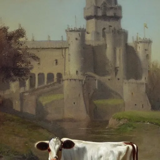 Image similar to painting by zorn, cow wearing clothes!!! standing next to royal castle!!!