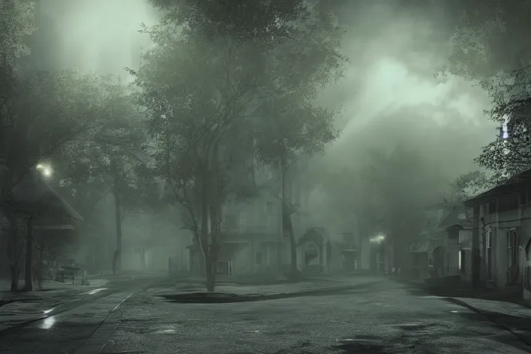 Image similar to street both sides lined with haunted houses, photo realistic octane render, volumetric lighting, magic fog, sunlight through the trees cinematic, hyperrealistic, fog, cinematic lighting, volumetric lighting, tranquillity, hyper detailed, enhanced hd, ultra view, 8 k