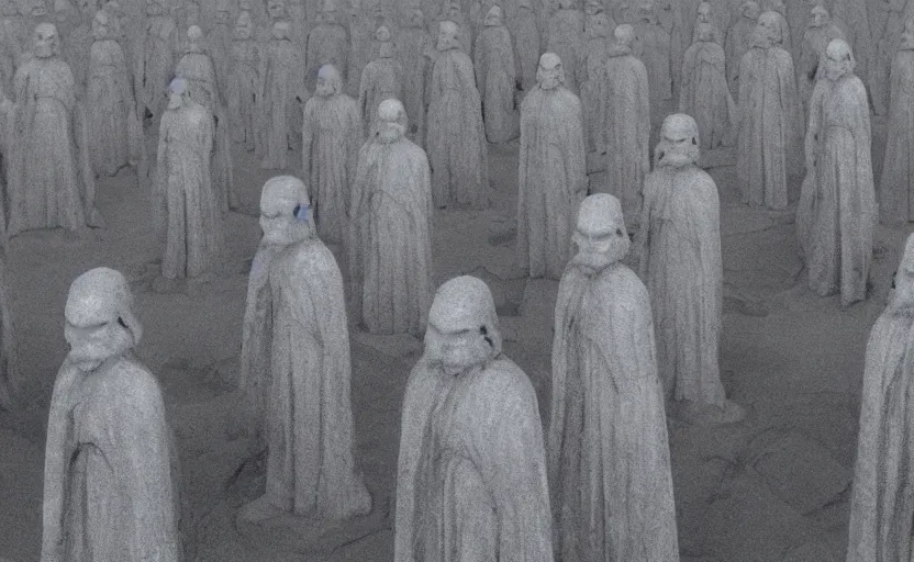 Image similar to screenshot of multiple grey Jedi statues by Zdzisław Beksiński, from 1970s star wars film thriller directed by Stanley Kubrick, iconic scene, 4k UHD still frame, windy hair, cinematic lighting, stunning cinematography, hyper detailed scene, anamorphic lenses, kodak color film stock