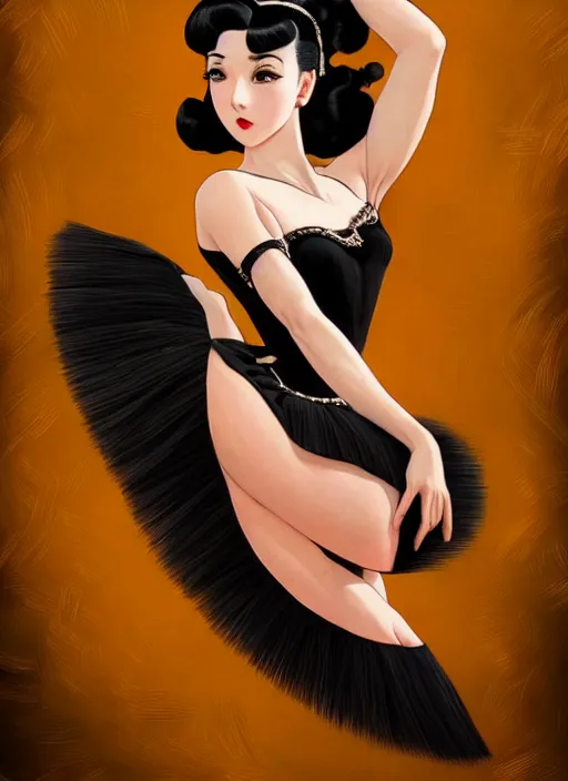 Image similar to a beautiful dancer with black hair in 1930's fashion, ballroom background, intricate, highly detailed, digital painting, artstation, official media, anime key visual, concept art, rich vivid colors, ambient lighting, sharp focus, illustration, art by Artgerm, Makoto Shinkai, Ilya Kuvshinov, Lois Van Baarle, and Rossdraws