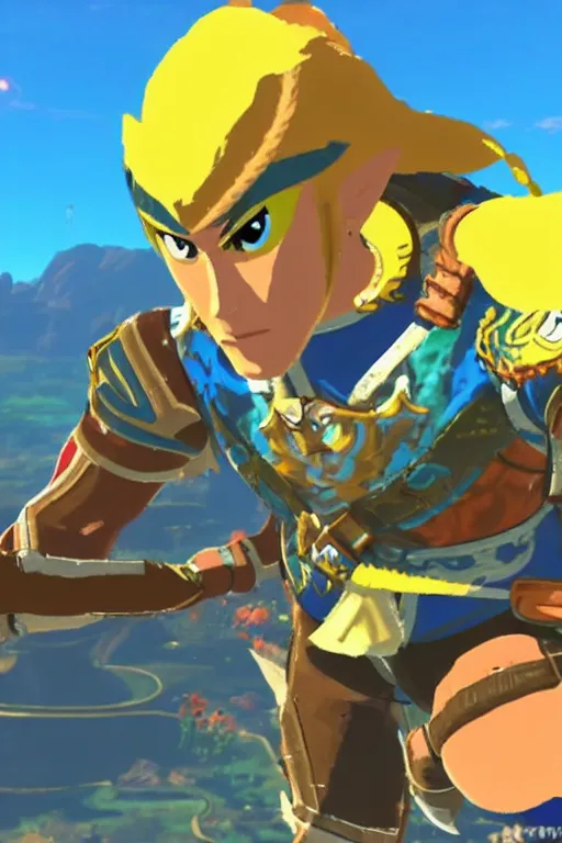 Image similar to in game footage of captain falcon from the legend of zelda breath of the wild, breath of the wild art style.
