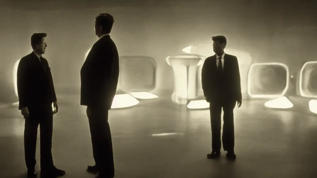 Prompt: movie scene of a man standing in front of a multiverse machine, movie still, cinematic composition, cinematic light, by David Lynch