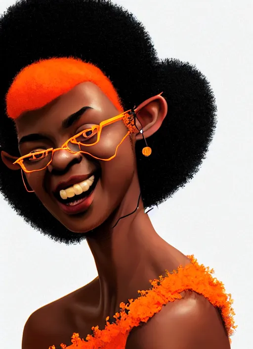 Image similar to portrait of shy black girl, realistic, natural hair, afro puffs, pointy nose, skinny, smile, nerdy, defined jawline, big chin, orange hair bow, earrings, intricate, elegant, glowing lights, highly detailed, digital painting, artstation, sharp focus, illustration, art by wlop, mars ravelo and greg rutkowski