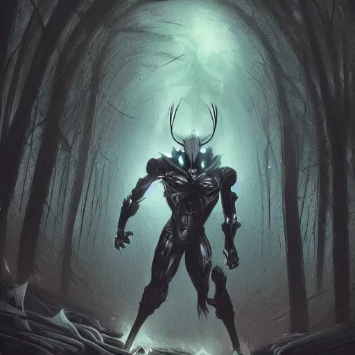 Image similar to extremely detailed artwork of an armored dark figure in a dark evil forest, super sayan, glowing hands, Sauron, Ultron, speedster, fantasy art, fog,