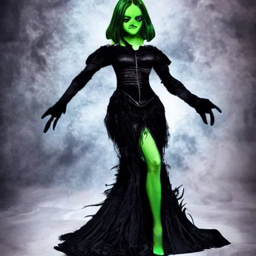 Prompt: malevolent green - skinned emma watson, green skin, sexy and naughty, dressed like the wicked with from oz, dark black long dress, smirking, black witch hat and broomstick, long bushy hair ; her skin is colored green