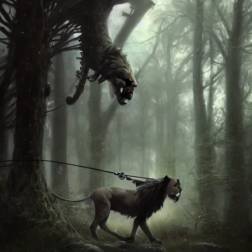 Prompt: a knight dressed in black armor,walking his pet lion on a leash in a forest,dramatic,detailed face,digital art,art by greg rutkowski,Akihiko Yoshida,artstation,deviantart,photorealistic,highly detailed,calm,natural lighting,hyperdetailed,Character design by charlie bowater, ross tran, artgerm, and makoto shinkai, detailed, inked, western comic book art, 2021 award winning painting