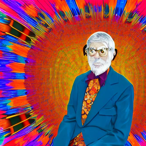 Prompt: portrait of a distinguished old man with formal cothing, kaleidoscopic shapes and colors in the background