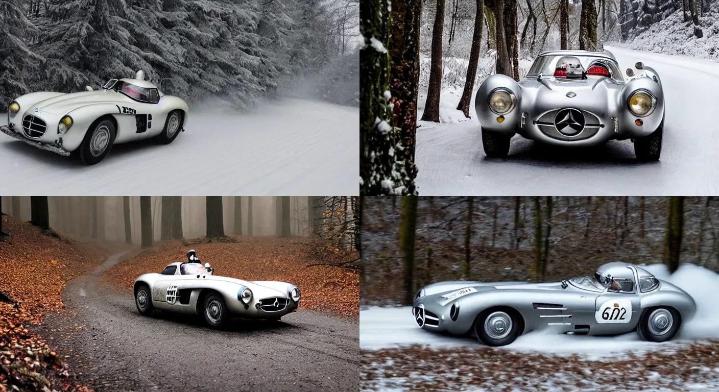Prompt: a 1 9 5 5 mercedes - benz 3 0 0 slr, racing through a rally stage in a snowy forest