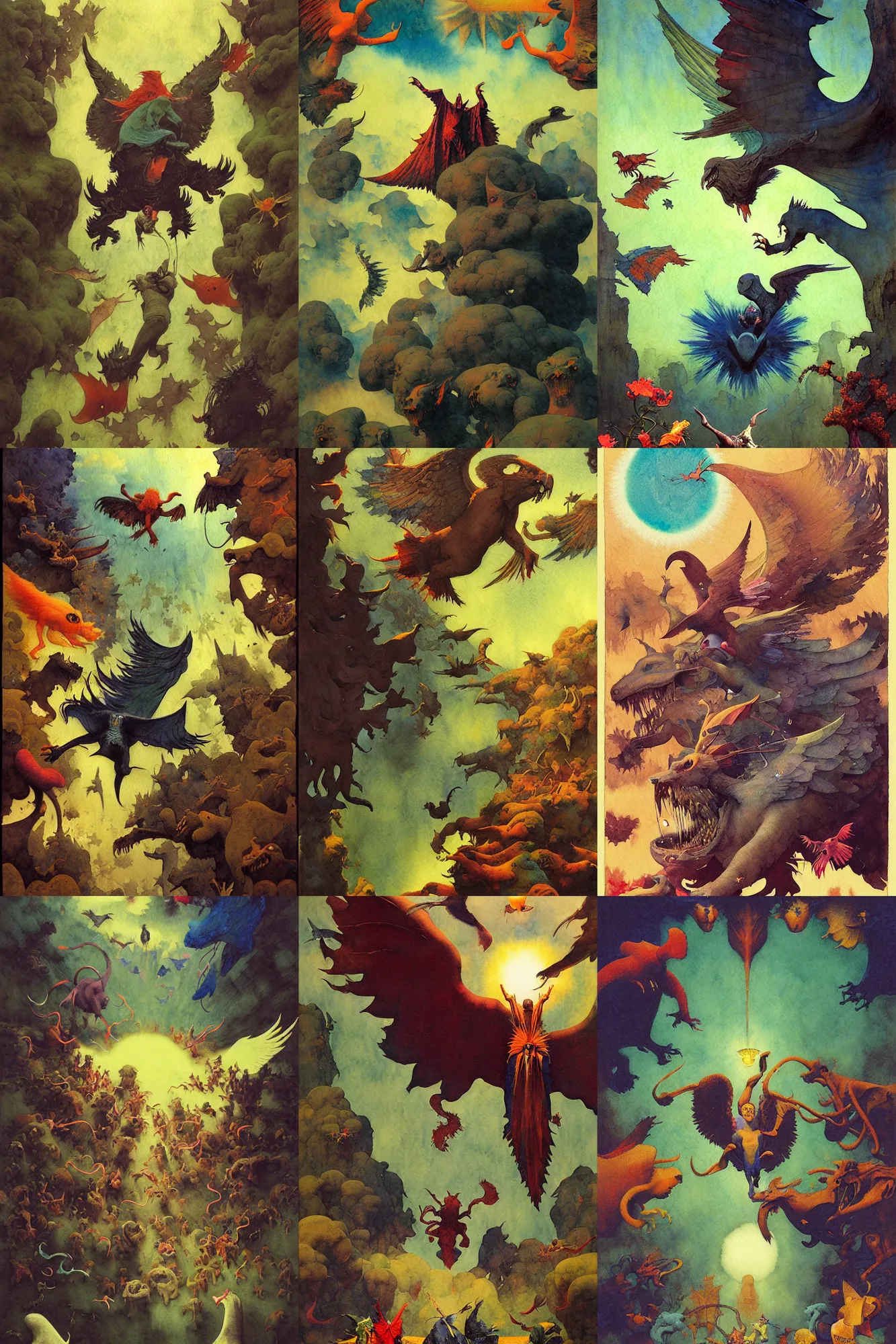 Prompt: dixit card, fly, swoop, catch, hunt, prey, angel, devil, horror, terror, theme park, cryptid, intricate, amazing composition, colorful watercolor, by ruan jia, by maxfield parrish, by shaun tan, by nc wyeth, by michael whelan, by escher, illustration, volumetric, bloom, sun puddle