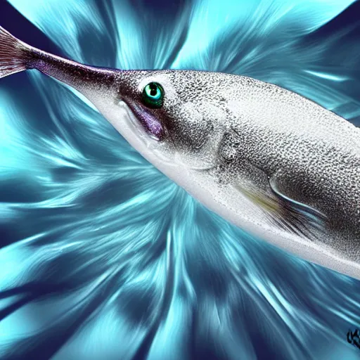 Image similar to A fish with fake eyelashes above the eyes, digital art, photorealistic