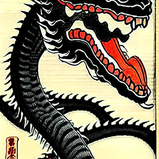 Image similar to biomechanical ukiyo - e woodblock of black dragon by utagawa kuniyoshi, very detailed, hyperrealistic