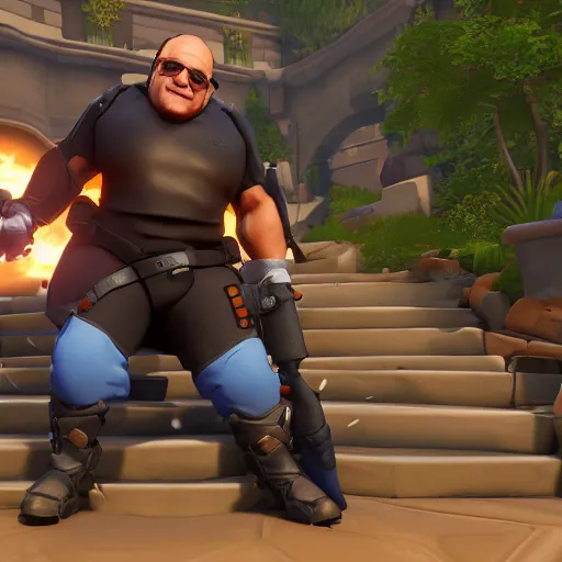 Image similar to in-game screenshot of Danny Devito in Overwatch (2016)