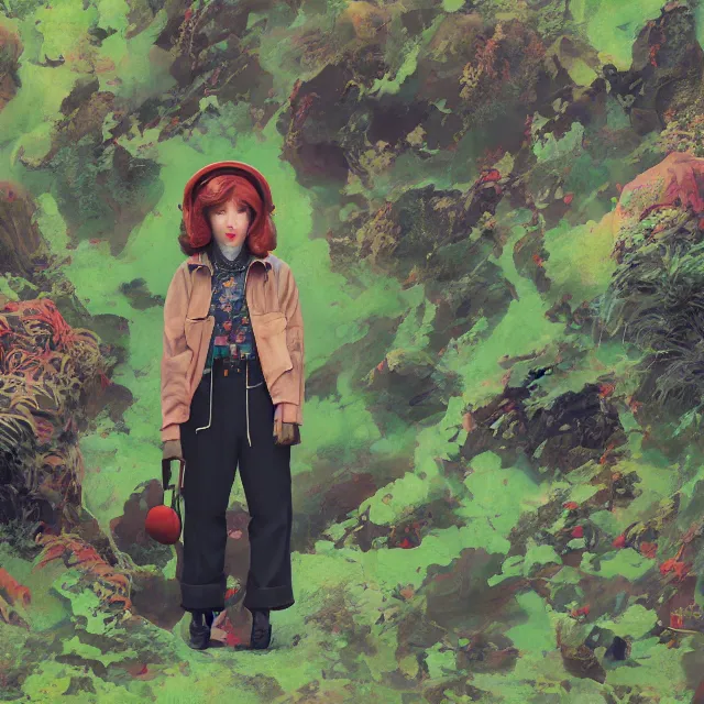 Image similar to portrait of alone androgynous girl wearing bakelite leather jacket, bakelite rocky mountains, moss green japanese haunted forest background, ultrafine hyperdetailed illustration by hsiao - ron cheng and artgerm, modular synthesizer 8 0 s sony stereo helmet backpack, the grand budapest hotel, glow, no crop, digital art, artstation, pop art