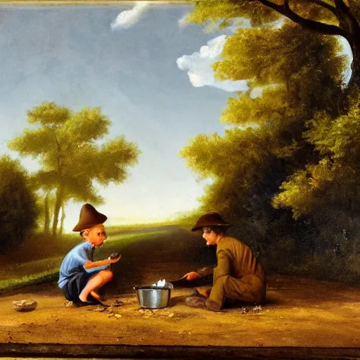 Image similar to painting of a man feeding a poor boy on a country road, surreal highly detailed